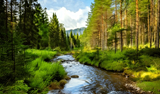 A forest with a river running through it, green trees on both sides, and mountains in the background.