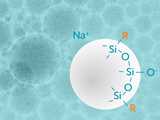 illustration of colloidal sillica particle with modified and anionic surface chemistry, potassium stabilized