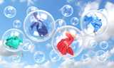 Cloths falling in soap bubbles concept of clean washing and freshness. Nouryon supplies ingredients that are used in cleaning formulations such as laundry detergents, fabric softener, dishwash detergents, liquid soaps and disinfectants.