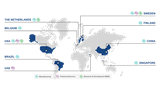 Map showing key locations globally for Nouryon sites supporting the Oilfield market (manufacturing, technical services, research & development).