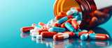 Colorful medicine pills pouring out of a glass jar
