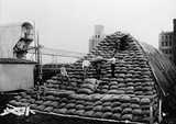 Workers stacking and carrying sacks on a large outdoor pile, with industrial buildings in the background.
