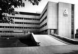 Black and white picture of an office building with Akzo logo on the facade, ramp entrance, and tree branches in the foreground.