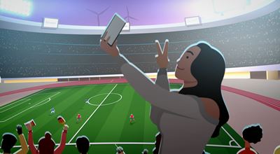 Vector image of a woman taking a selfie and making a peace sign at a soccer stadium with cheering fans.
