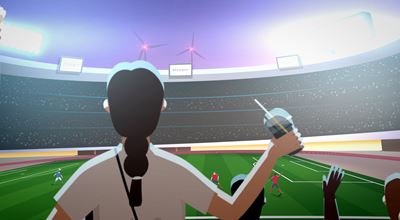 Vector image of a person holding a drink, watching a soccer match from the stands in a crowded stadium.