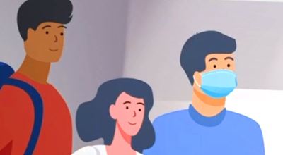 Vector image of three people standing together, one wearing a face mask and another carrying a backpack.