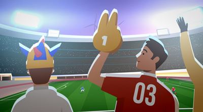 Vector image of fans in colorful hats and jerseys cheer at a soccer match in a brightly lit stadium.