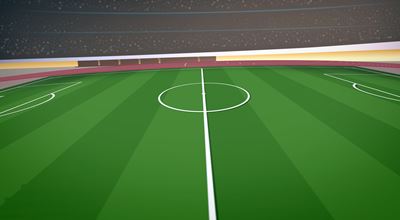 Vector image of an empty soccer field in a stadium, showing the center circle and surrounding stands.