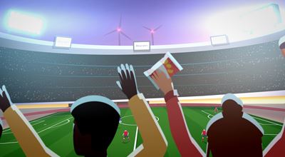 Vector image of fans raising their hands and drinks while watching a soccer match in a brightly lit stadium.