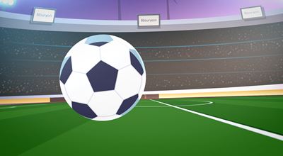 Vector image of a close-up of a soccer ball on a green field in a stadium with crowd in the background.