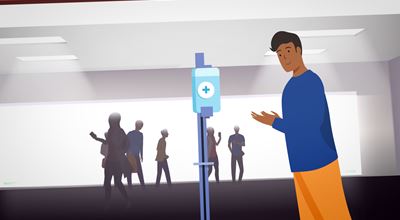 Vector image of a person standing next to a hand sanitizer station, with silhouettes of people in the background.