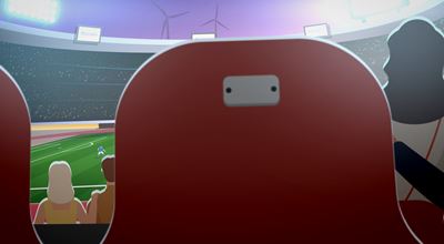 Vector image of a view from behind red stadium seats with spectators watching a soccer match on the field below.