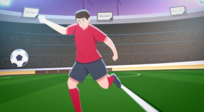 Vector image of a soccer player in a red jersey kicking a ball on a green field inside a stadium.