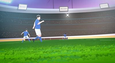 Vector image with three soccer players in blue uniforms on a green field in a brightly lit stadium with a crowd.