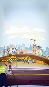 Vector image of a construction site with workers, vehicles, cranes, and a surveyor in the foreground.