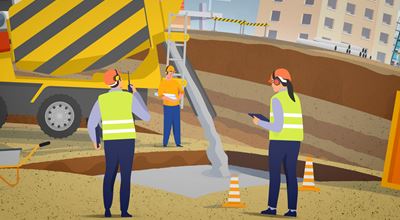 Vector image of construction workers pouring concrete from a cement mixer into a foundation at a building site.