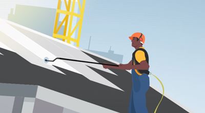 Vector image of a construction worker in safety gear spraying a cool roof coating on a sloped roof with a long wand.