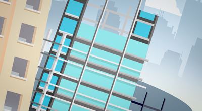 Vector image of a modern building with blue fire resistant glass panels and visible structural framework.