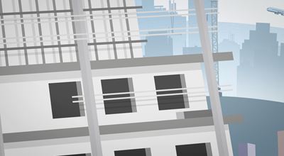 Vector image of a building under construction with scaffolding, city skyline, and an airplane in the sky.