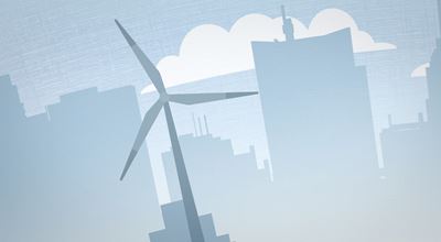 Vector image of a wind turbine in front of city buildings, illustrating the use of lightweight composites.