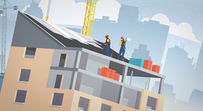 Vector image of two construction workers in safety gear working with paint and coatings on the roof of a multistory building.