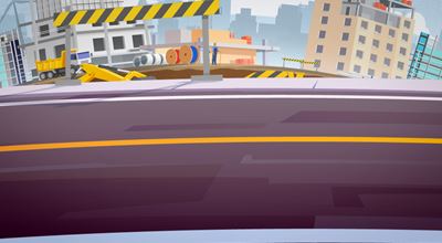 Vector image of a road with a construction site and machinery, safety barriers, pipes and buildings.