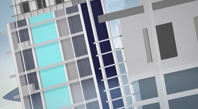 Vector image of modern buildings under construction with scaffolding and glass panels in an urban setting.
