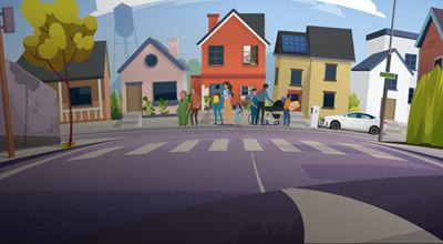 Vector image of a crosswalk in a neighborhood with people gathered on the sidewalk near colorful houses.