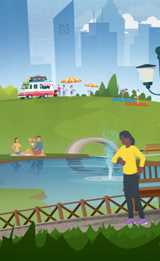 Vector image of a woman by a pond in a park, with people picknicking or doing yoga,  and city buildings in the background.