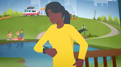 Vector image of a woman in a yellow shirt checking her smartwatch by a pond in a city park with people picknicking in the background.