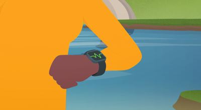 Vector image of a person in orange, checking a smartwatch with a heart rate display, by a lake.