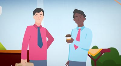 Vector image of two men in business attire, one holding a bag and the other holding a takeaway coffee cup.