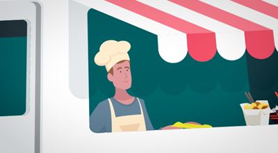 Vector image of a chef in a food truck with a red and white canopy.