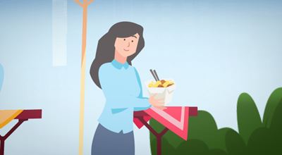 Vector image of a woman holding food in takeaway packaging with chopsticks, standing by a table outdoors.
