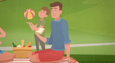 Vector image of a man sitting on a picnic blanket holding a sandwich, with a child holding a beach ball nearby.