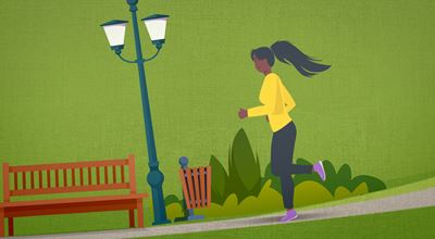 Vector image of a woman jogging on a park path, passing a bench, streetlamp and recycling bin.