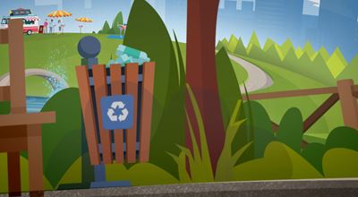 Vector image of a recycling bin with plastic bottles in a park, near a bench, trees and a pond.