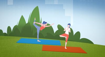 Vector image of two people practicing yoga on colorful exercise mats in a park with green bushes.