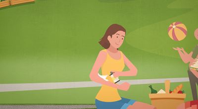 Vector image of a woman sitting on grass,  near a picnic basket and a beach ball. She is applying sunscreen on her arm.