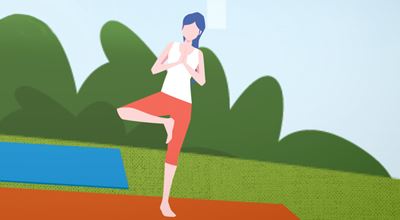 Vector image of a person with blue hair practicing yoga in tree pose on a mat outdoors with greenery behind.