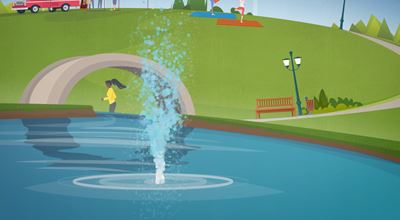 Vector image of a park with a water fountain, bench, person jogging, and two people doing yoga on a hill.