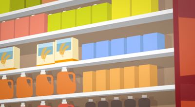 Vector image of shelves stocked with colorful boxes, cereal packages, and bottles.