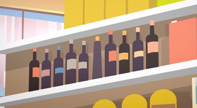 Vector image of a shelf with assorted wine bottles and product boxes.