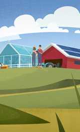Vector image of two people standing on a farm with a barn, greenhouse, solar panels, and green fields.