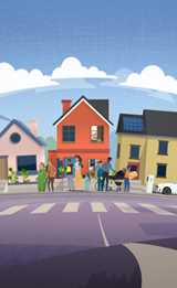 Vector image of people chatting, walking and helping each other on a street with houses in the background