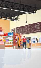 Vector image of people shopping in a store, with shelves of products and a checkout counter.