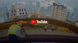 Vector image of a construction site with buildings, workers, vehicles, cranes, and a surveyor in the foreground. Overlay with YouTube logo.