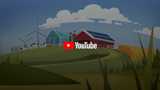 Vector image of two people standing on a farm with a barn, greenhouse, solar panels, and green fields. Overlay with YouTube logo.