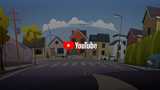 Vector image of a suburban street with houses, people, crosswalk, trees, solar panels, and wind turbines. Overlay with YouTube logo.