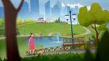 Vector image of a woman walking a dog near a pond in a city park with benches, trees, and people in the background. There is a city skyline with a building that has the Nouryon logo on it.
